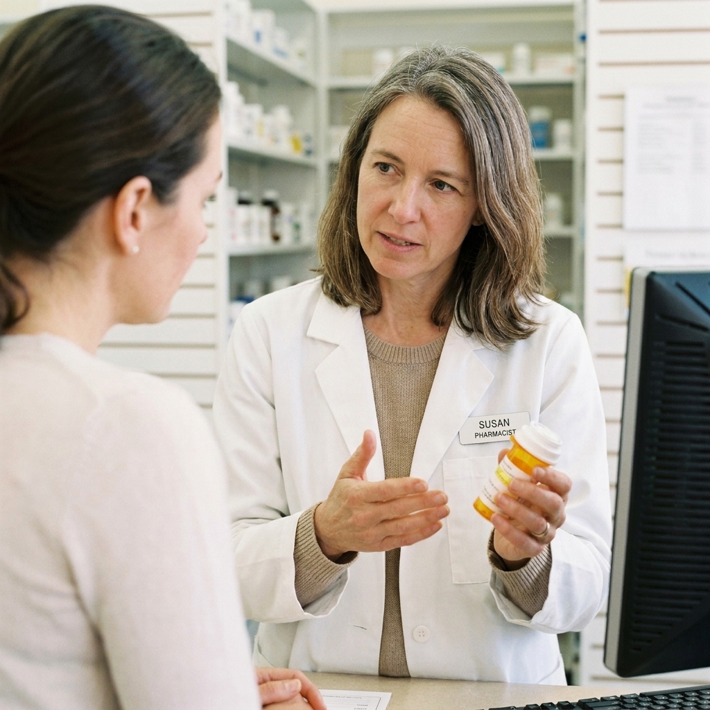 A pharmacist speaking with an adult patient at a pharmacy counter while holding a prescription bottle, discussing medication timing and instructions