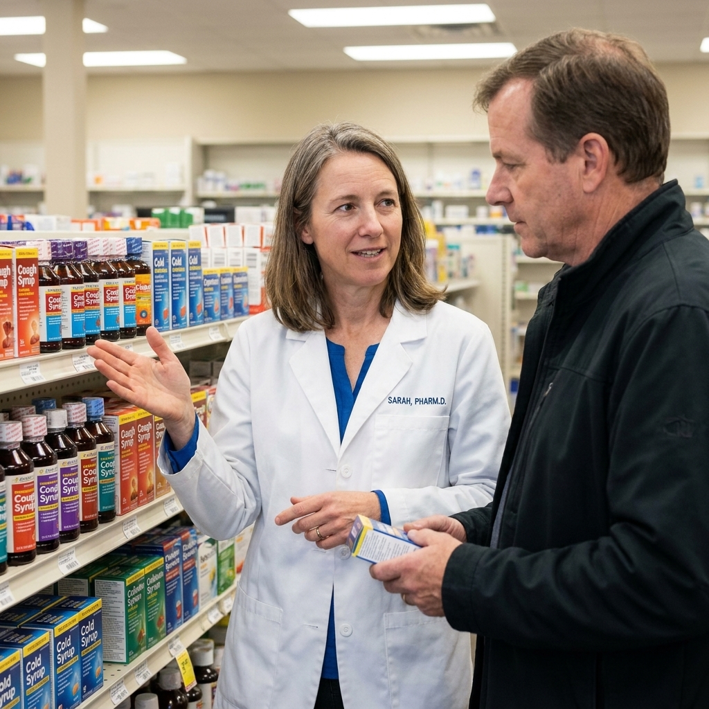 A pharmacist speaking with an adult patient in a pharmacy, gesturing toward an over-the-counter medication shelf during a brief consultation