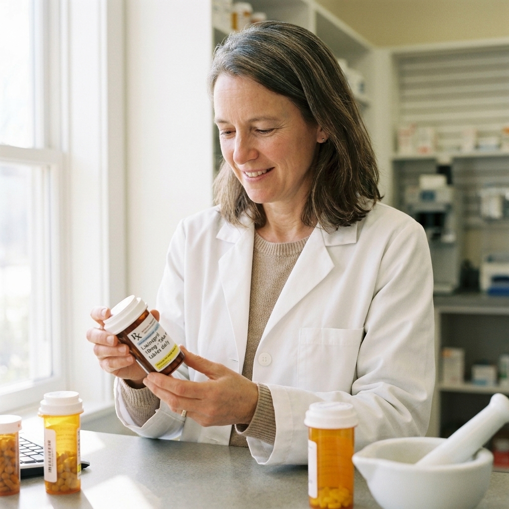 A pharmacist’s counter with several prescription pill bottles and a generic medication label visible, natural indoor lighting, real-life clinical setting