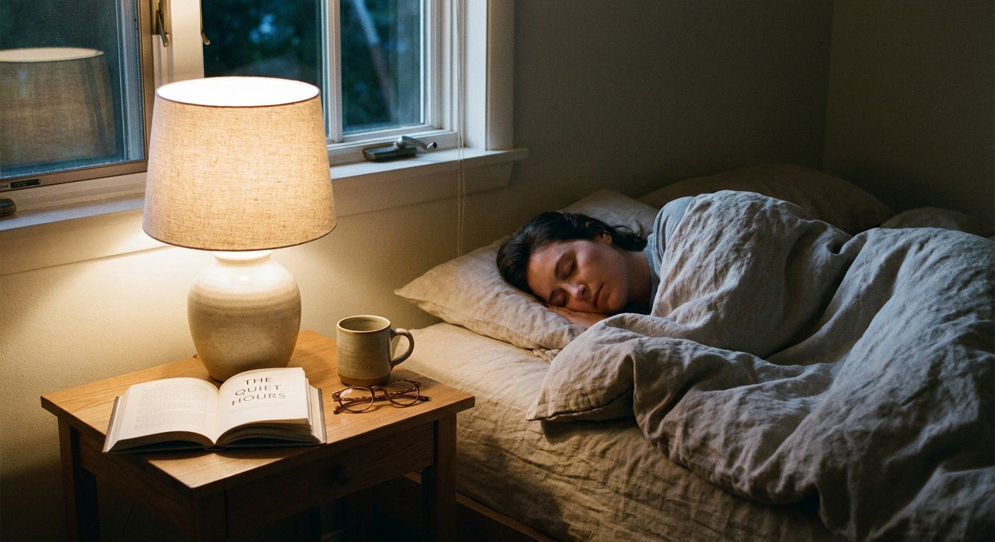 A photograph of a calm bedroom at night with a bedside lamp glowing and a book on the nightstand, suggesting a relaxing sleep routine