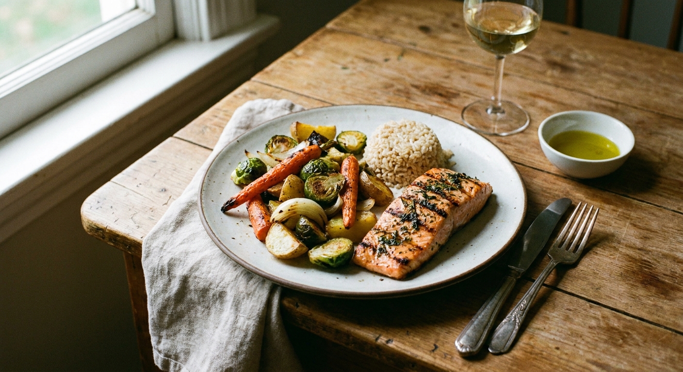 A photograph of a dinner plate with roasted vegetables, grilled salmon, and a small serving of brown rice on a wooden kitchen table
