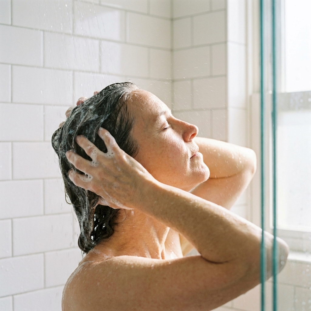 A photograph of a person in the shower applying medicated shampoo to the scalp with both hands, with visible gentle lather and neutral bathroom background