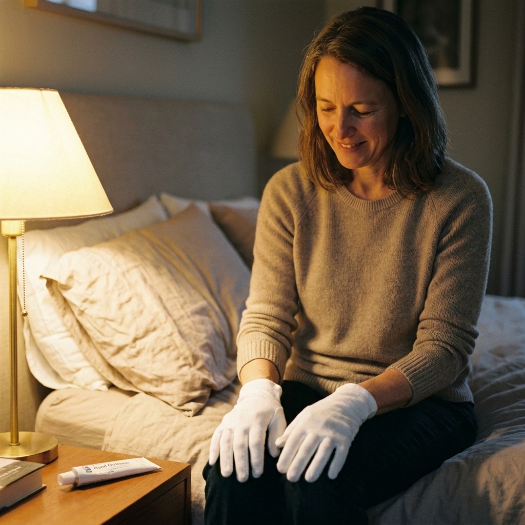 A photograph of a person wearing soft cotton gloves while sitting on a bed after applying ointment to hands, with a bedside lamp casting warm light