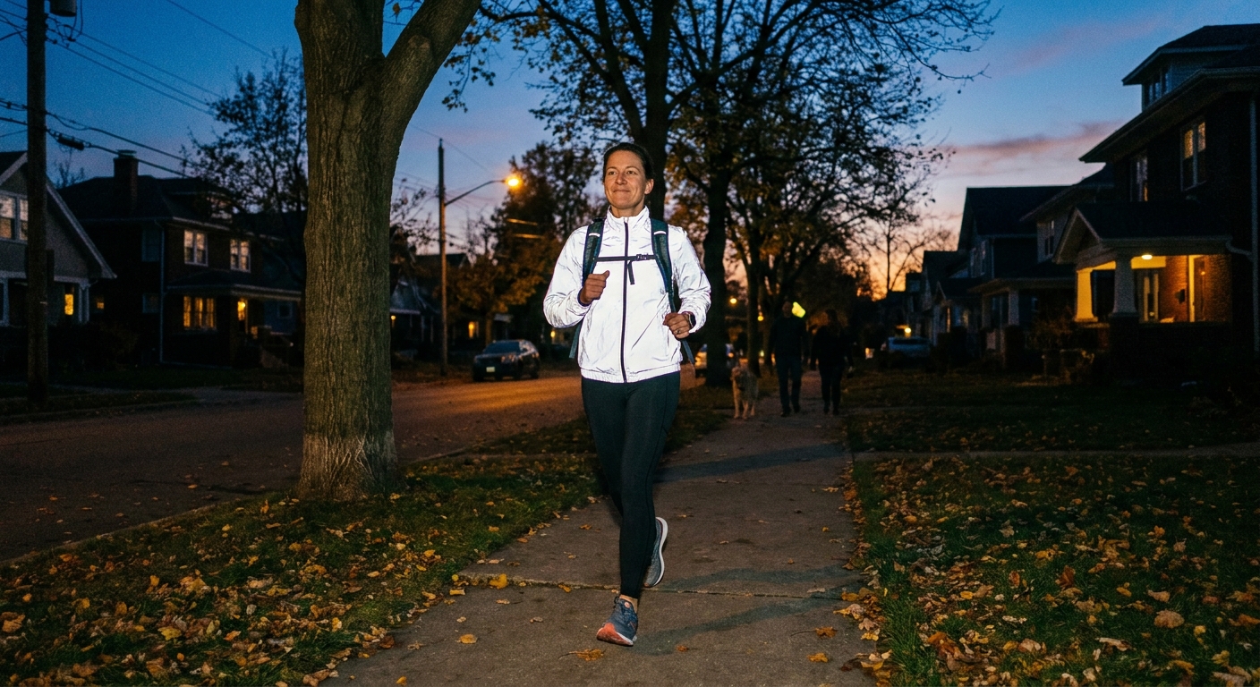 A photograph of an adult walking briskly on a quiet neighborhood sidewalk at dusk after dinner, wearing comfortable exercise clothes