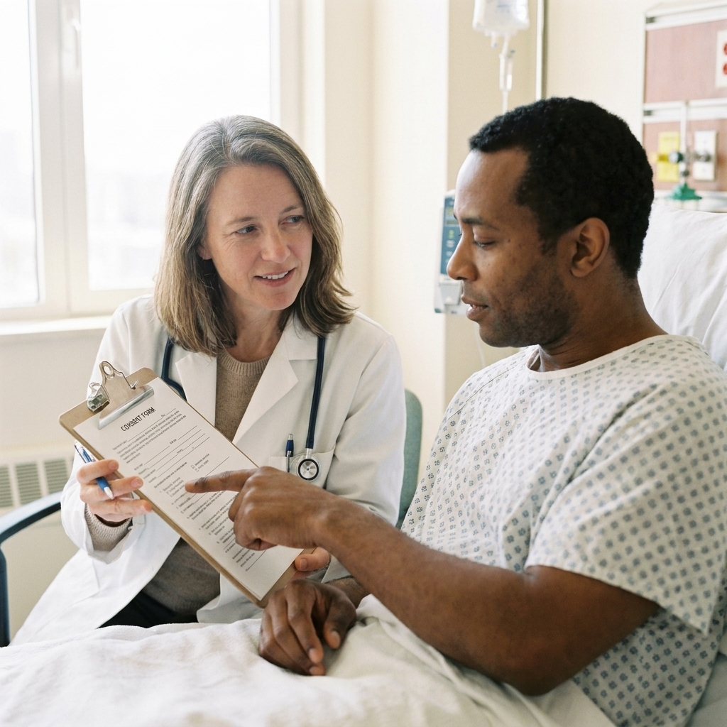 A physician seated at a bedside explaining a consent form to an adult patient, with the patient pointing to a section on the paper