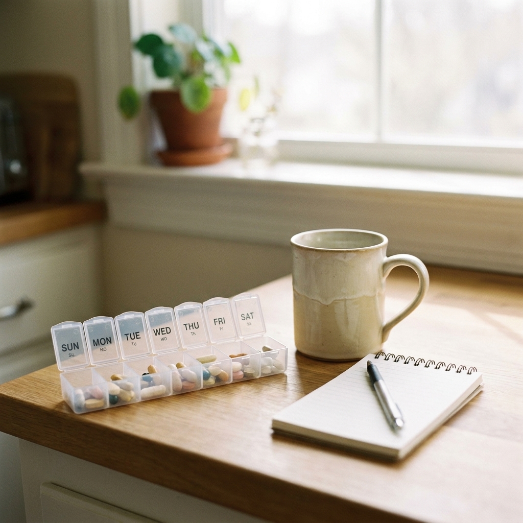 A pill organizer next to a coffee mug and a small notebook on a kitchen counter.