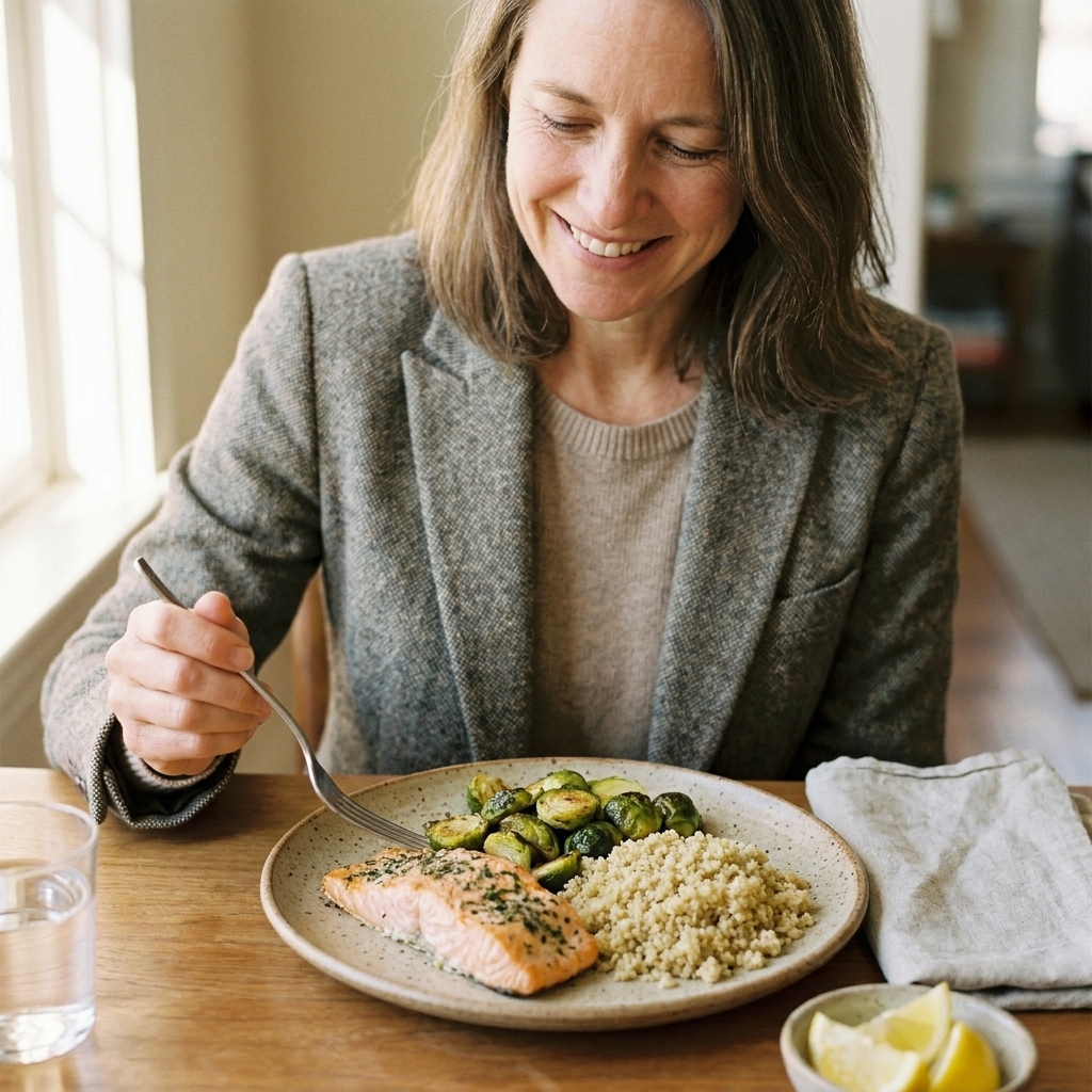 A plated meal with baked salmon, roasted Brussels sprouts, and quinoa on a ceramic plate