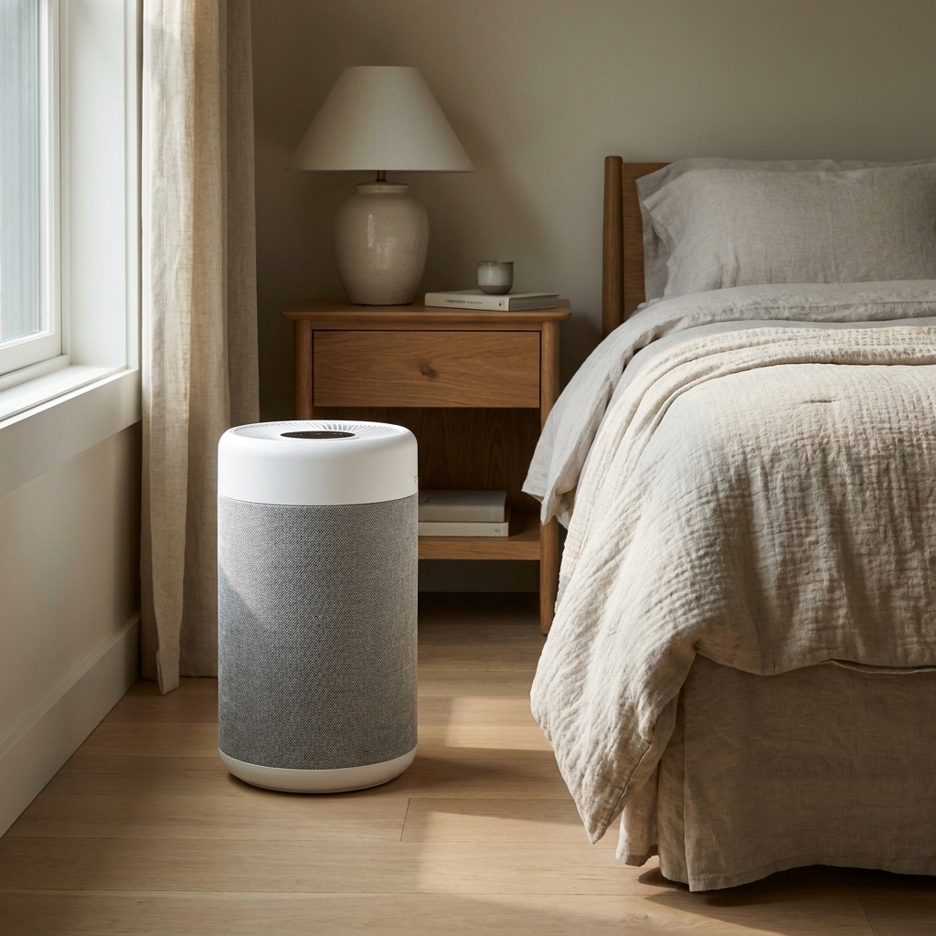 A portable HEPA air purifier running on the floor of a calm bedroom beside a bed and nightstand