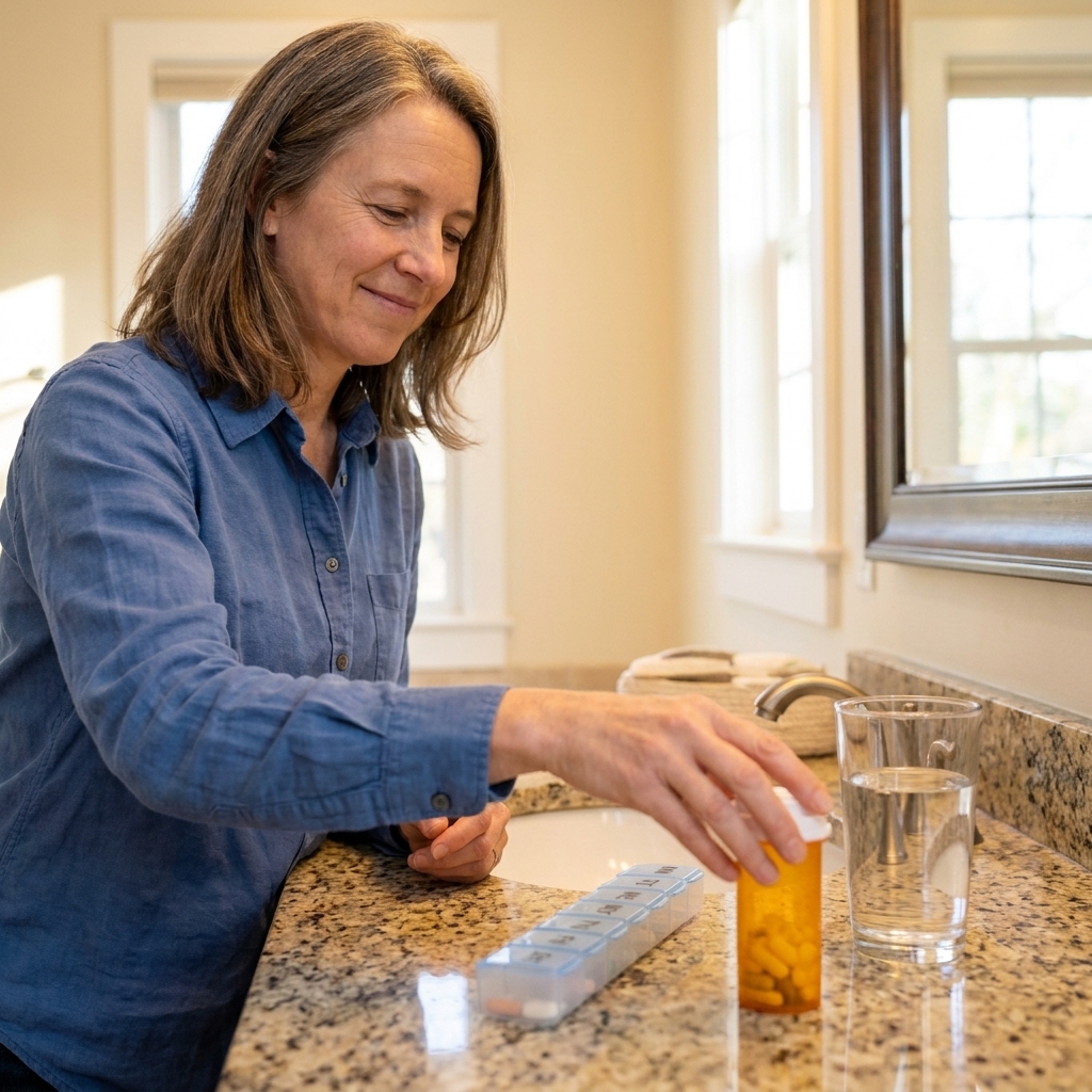 A prescription pill bottle on a bathroom counter next to a glass of water and a small weekly pill organizer