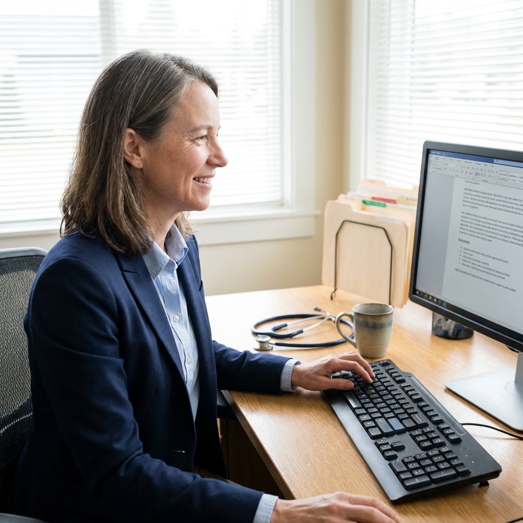A primary care clinician reviewing a patient consult note on a computer in a clinic office, with a stethoscope resting on the desk