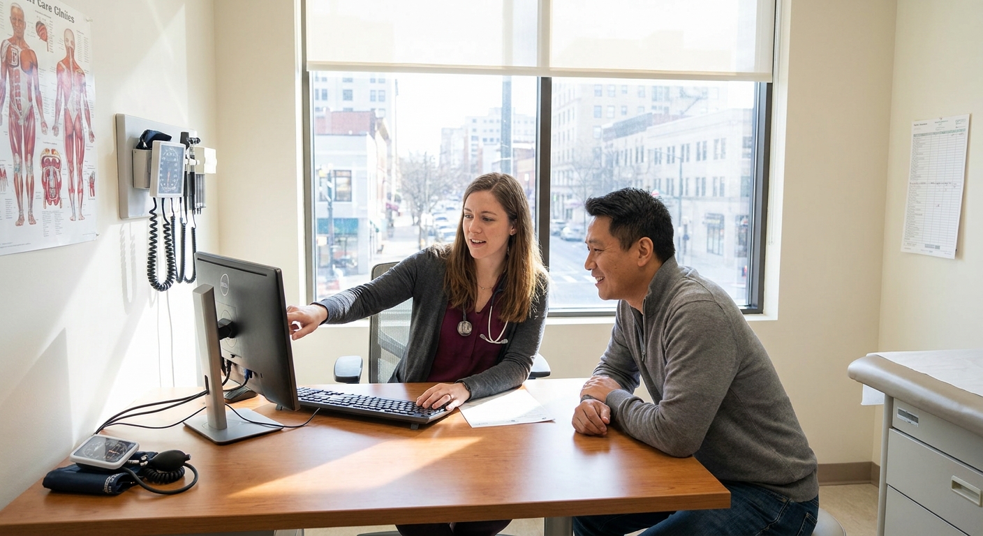 A primary care clinician reviewing blood test results with an adult patient at a clinic desk in a bright exam room