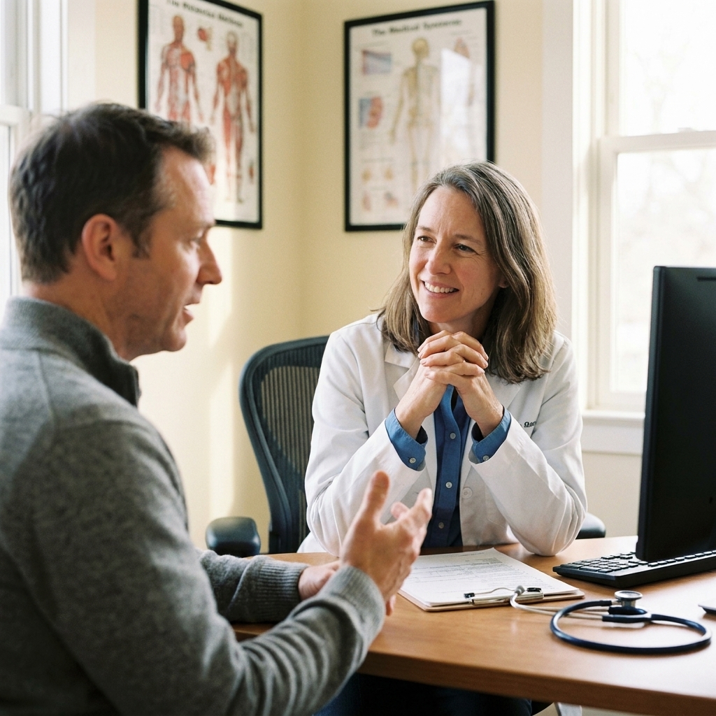A primary care clinician sitting across from an adult patient in a clinic room, listening attentively while the patient speaks