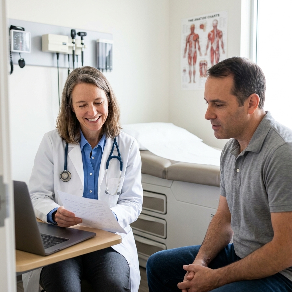 A primary care clinician speaking with an adult patient in an exam room while reviewing notes together.
