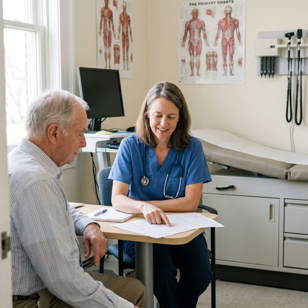 A primary care clinician talking with a patient in an exam room, reviewing next steps for a referral