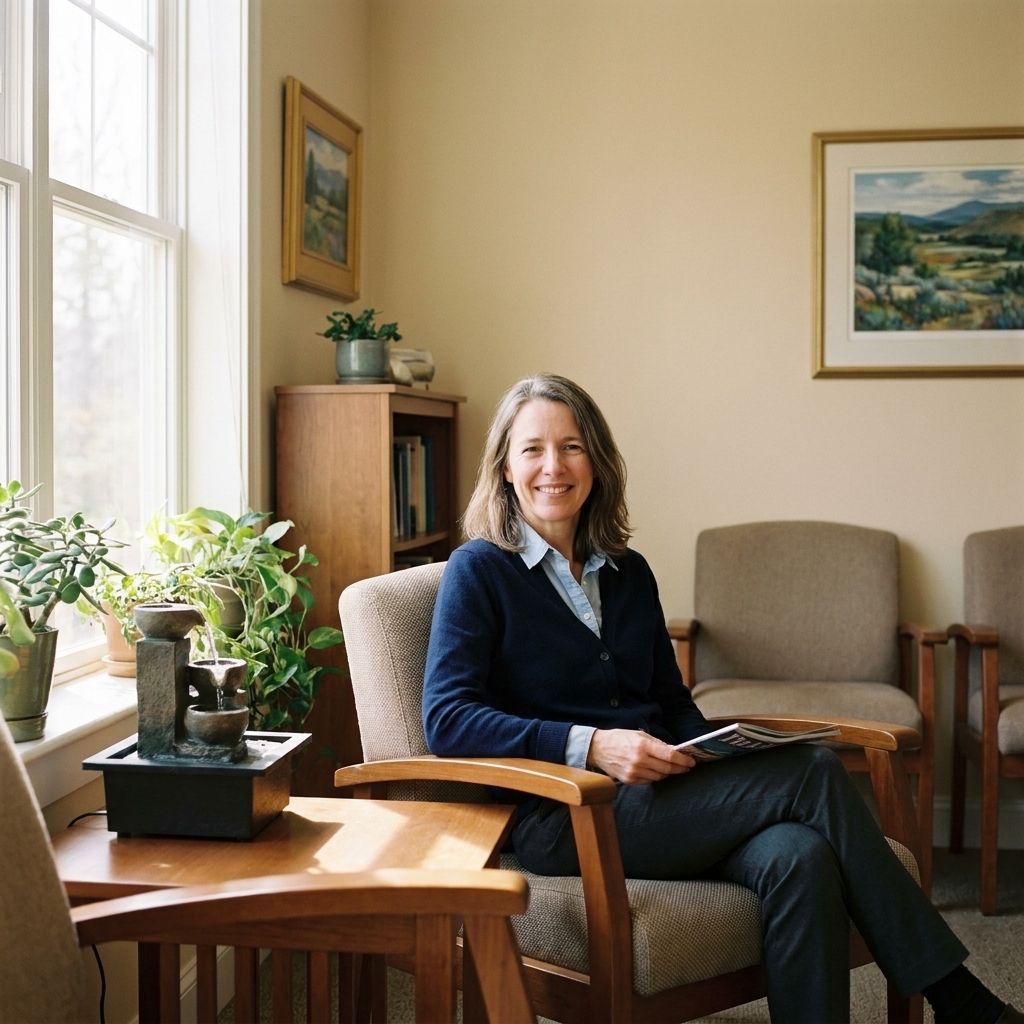 A quiet therapy clinic waiting room with comfortable chairs, natural light from a window, and calming decor