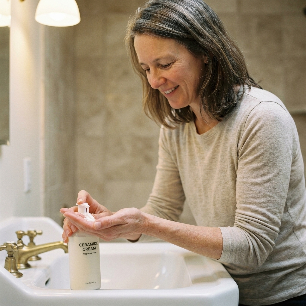 A real-life photograph of a person dispensing a thick ceramide cream onto dry hands next to a sink, with a plain pump bottle and soft indoor lighting
