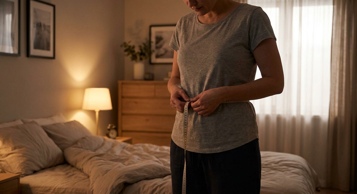 A real-life photograph of a person measuring their waist with a tape measure over a t-shirt in a softly lit bedroom