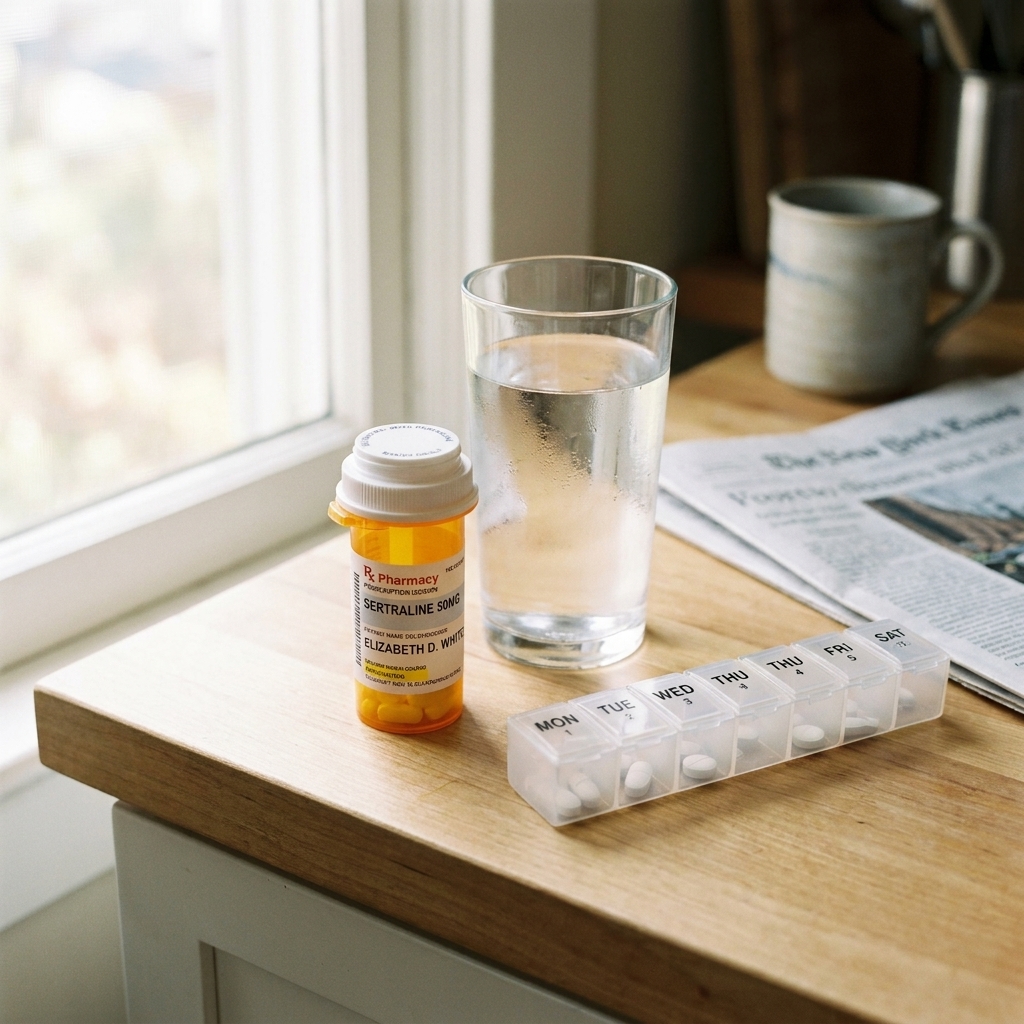 A real prescription pill bottle on a kitchen counter next to a glass of water and a daily pill organizer, natural morning light