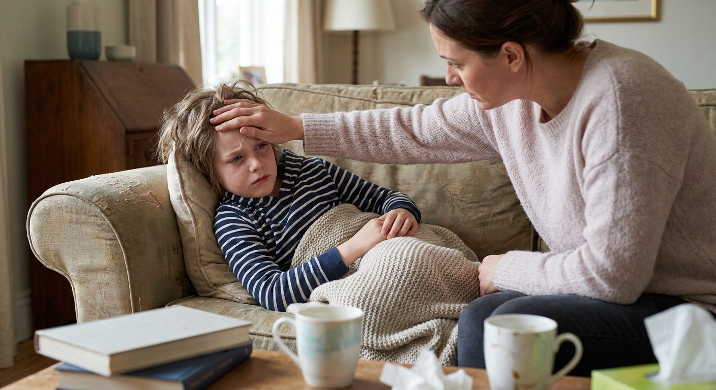 A school-aged child sitting on a couch with a blanket, looking uncomfortable while a caregiver checks their forehead for fever in a home living room