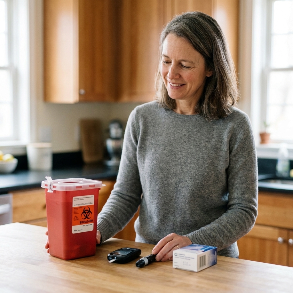 A sealed red sharps container sitting on a kitchen counter near a diabetes glucose meter and lancets, showing safe storage out of reach