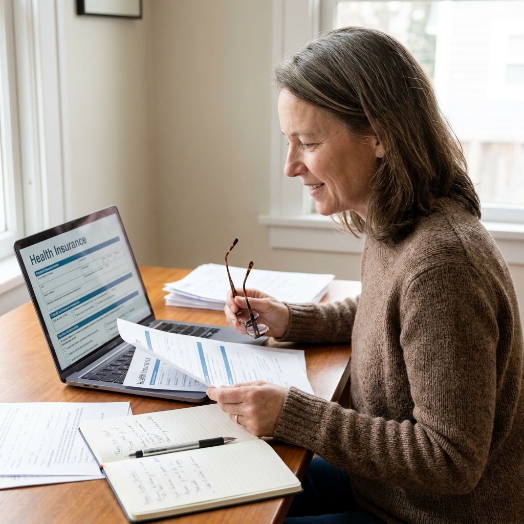 A senior adult sitting at a home desk using a laptop while reviewing health insurance paperwork and a notebook