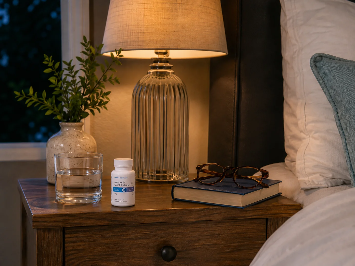 A small amber bottle of melatonin tablets sitting on a wooden nightstand next to a glass of water in a softly lit bedroom