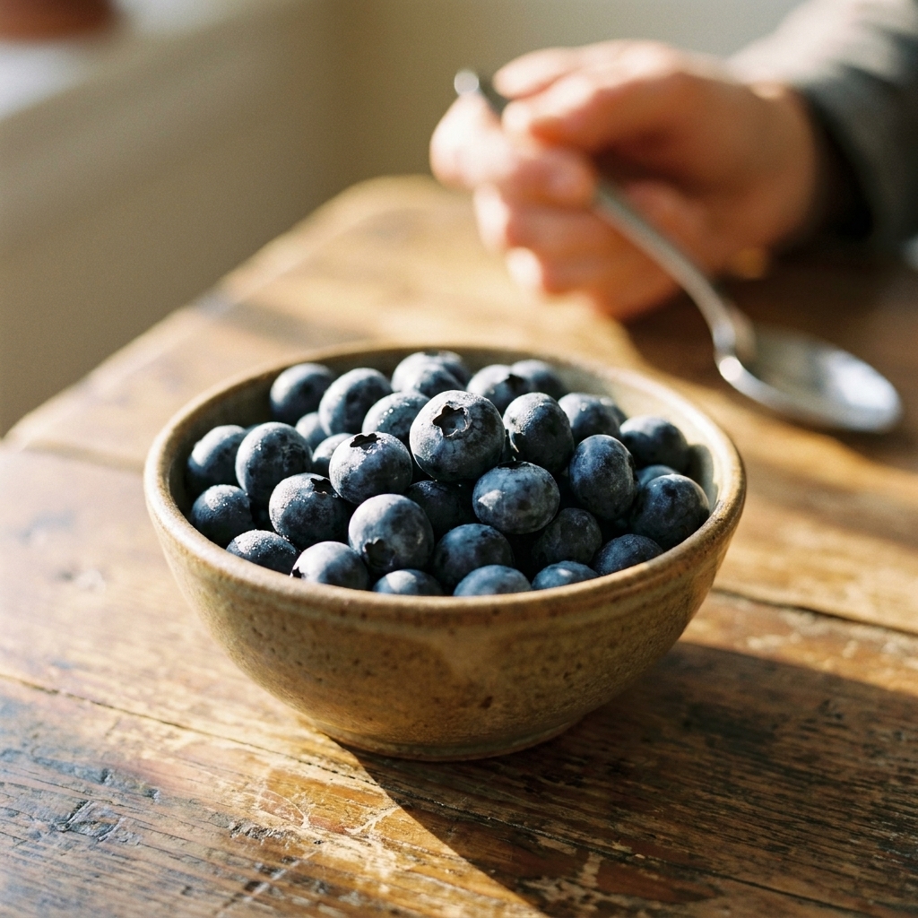 A small ceramic bowl filled with fresh blueberries on a wooden table with morning sunlight
