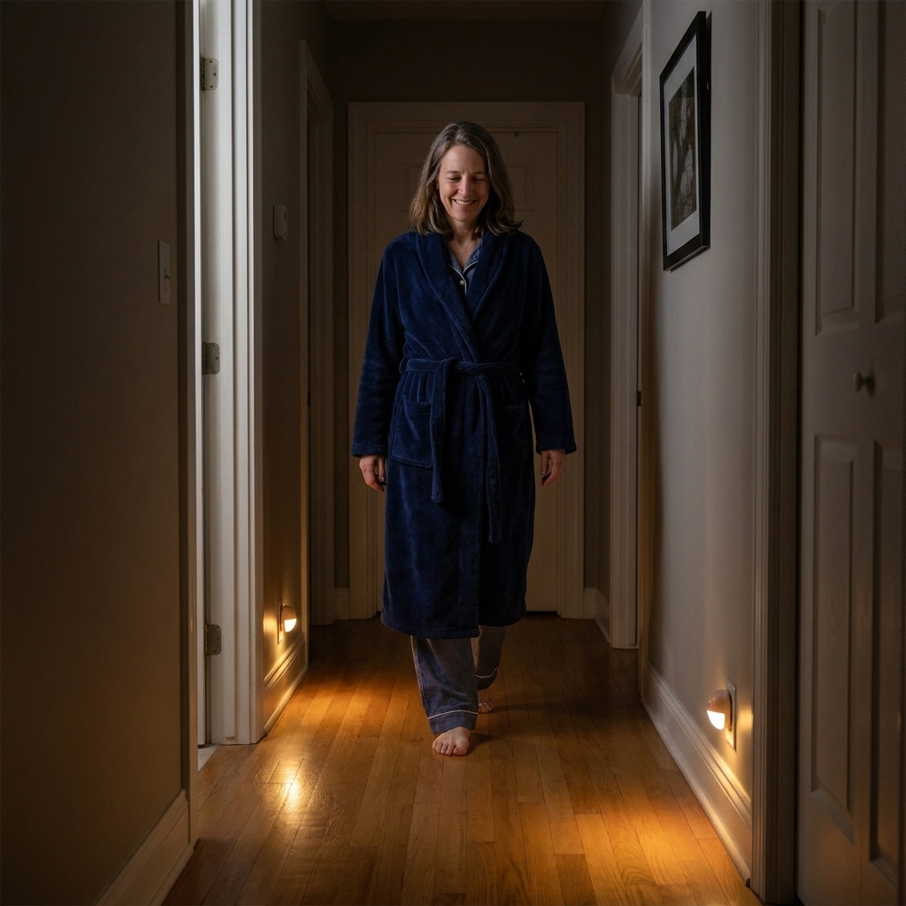 A softly lit home hallway at night with motion-sensor night lights illuminating the floor path, realistic indoor photograph