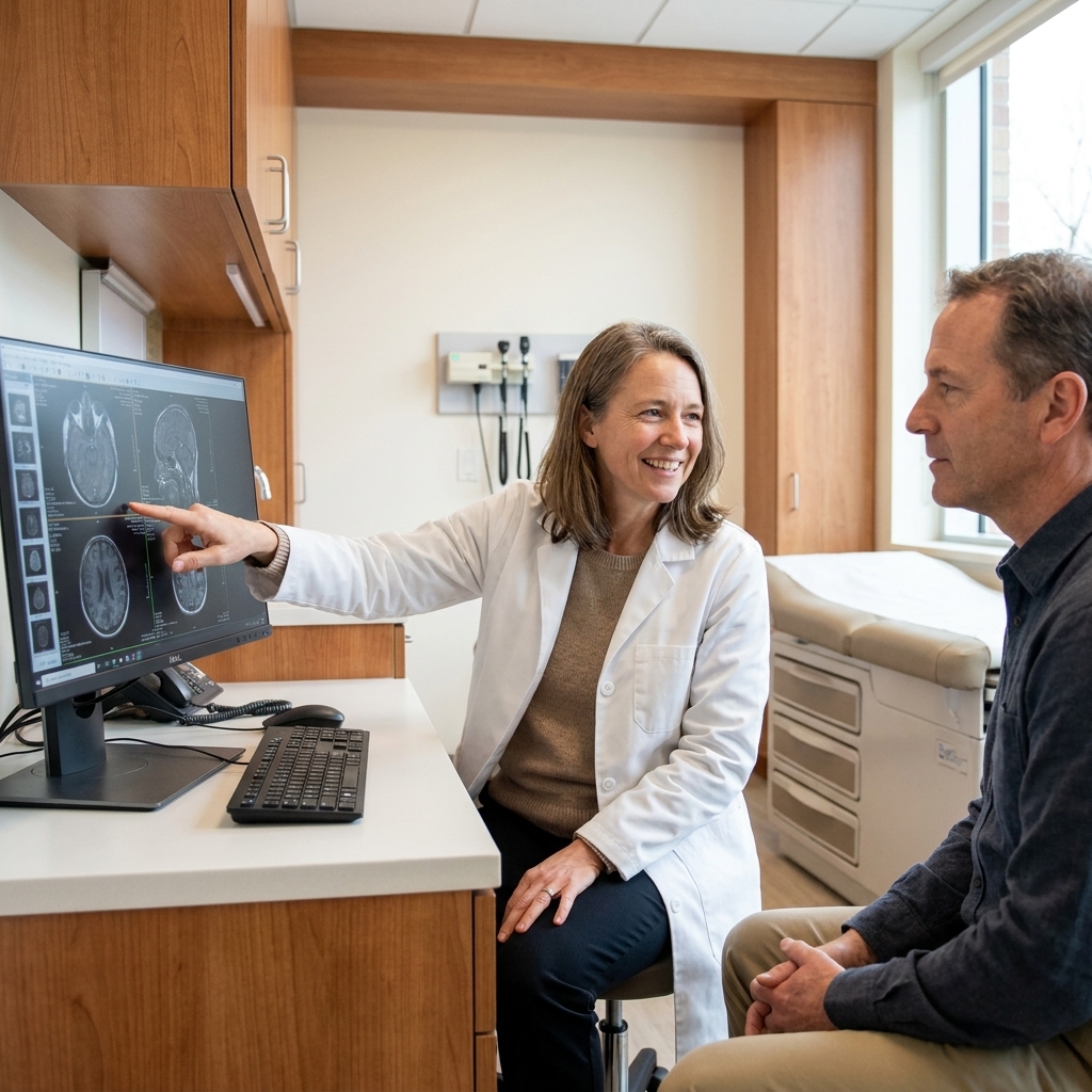 A specialist physician meeting with an adult patient in a modern medical center exam room, reviewing imaging results on a computer screen