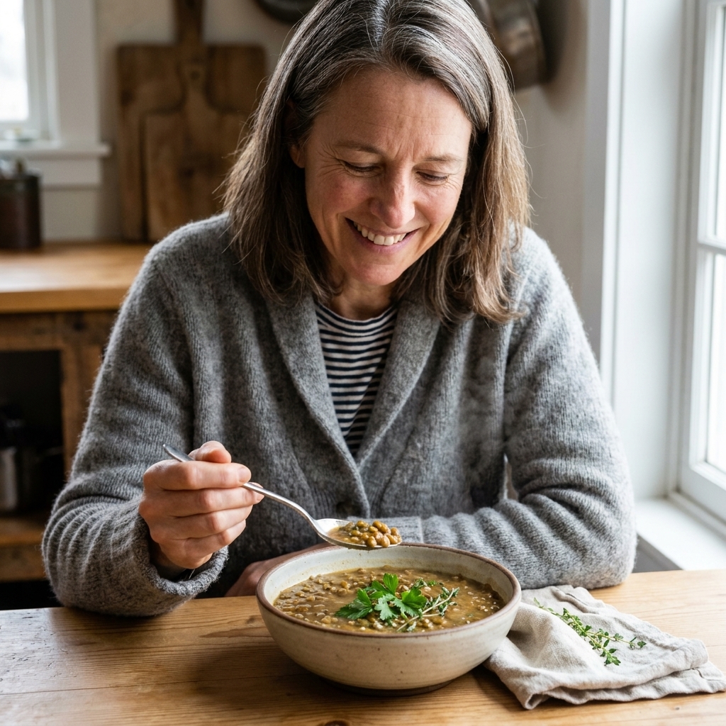 A steaming bowl of lentil soup garnished with herbs on a kitchen table with a spoon beside it