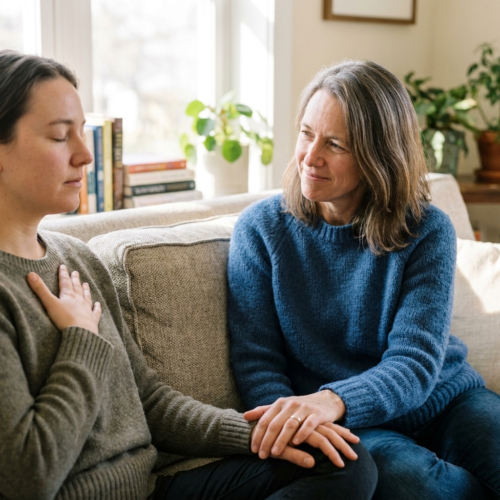 A supportive friend sitting beside someone on a couch, gently holding their hand while the person practices slow breathing
