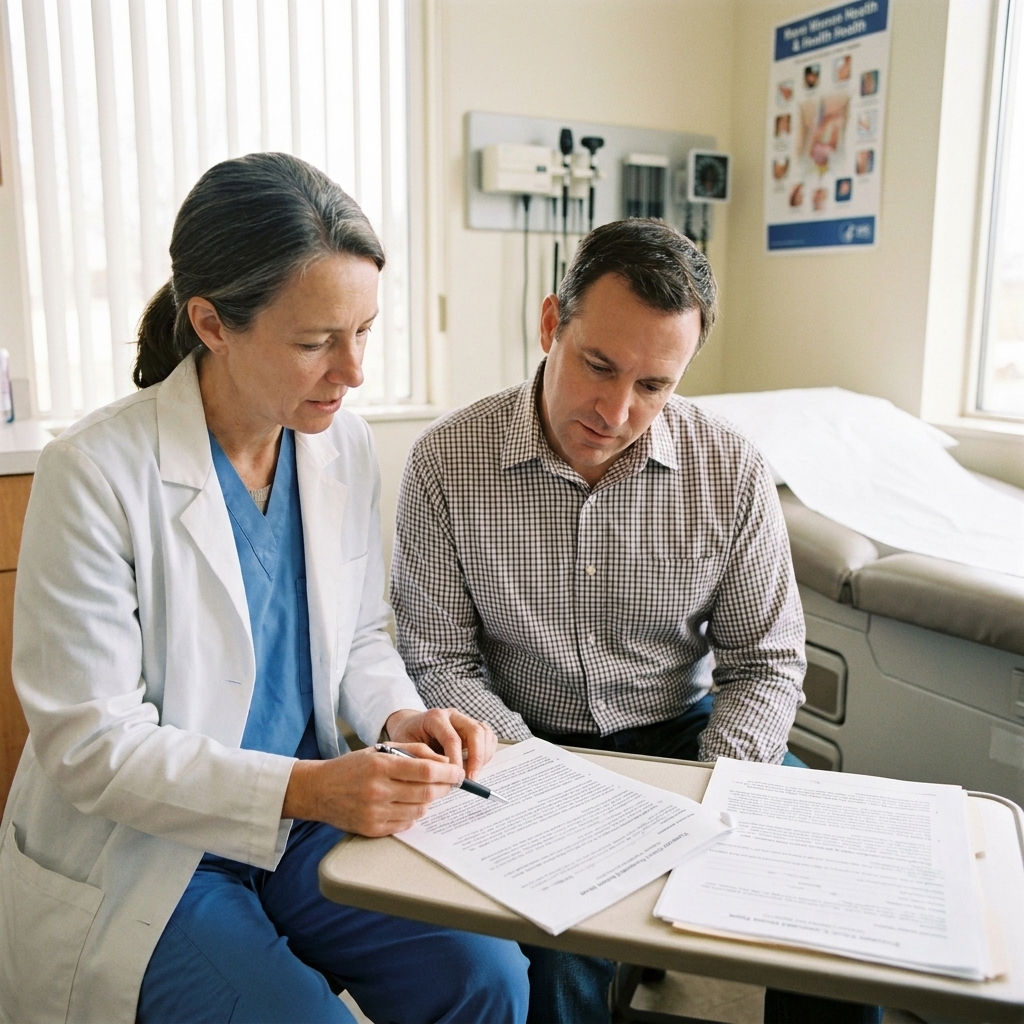 A surgeon and an adult patient in a clinic exam room reviewing a printed consent form together