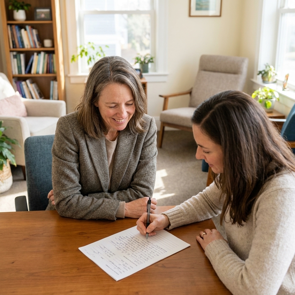 A therapist and client looking at a worksheet together during a counseling appointment, with the client holding a pen and taking notes
