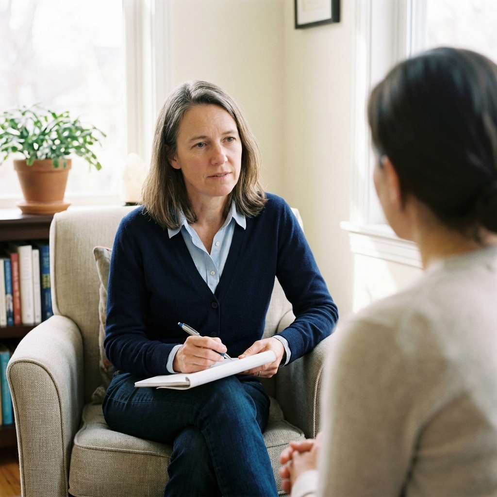 A therapist and client seated in a quiet office during a counseling session, with the therapist listening attentively and taking brief notes