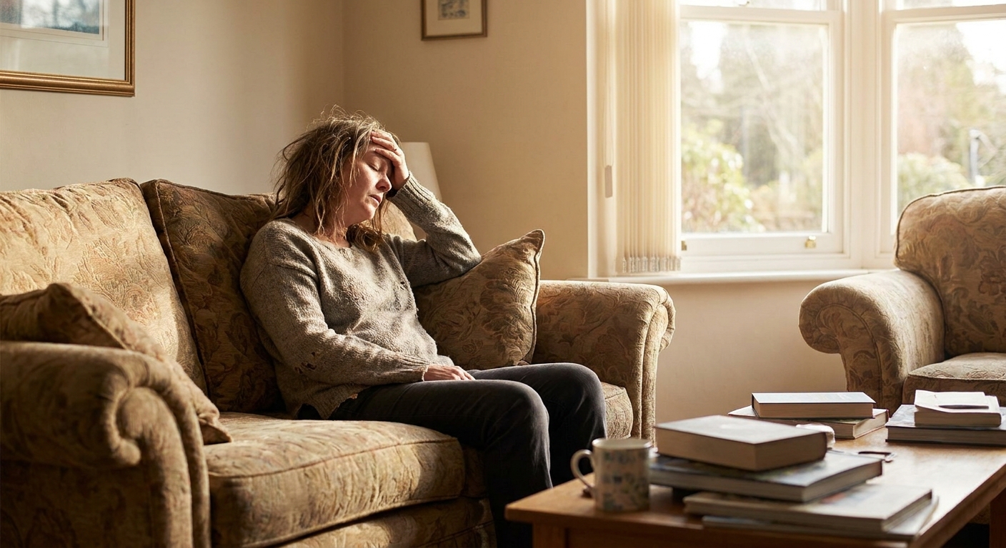 A tired adult woman sitting on a couch in natural daylight with her eyes closed and her hand on her forehead, looking exhausted at home