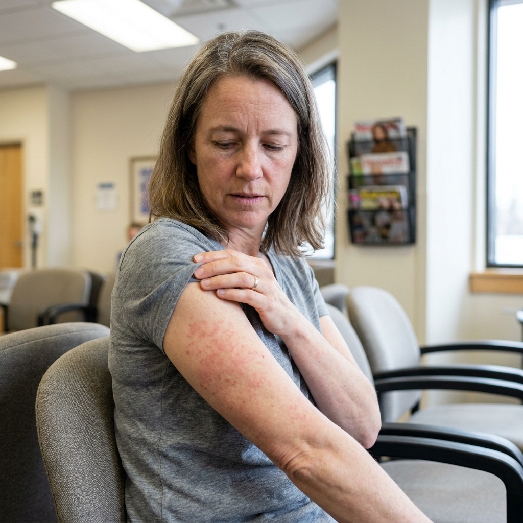 A view of an adult forearm with a mild red blotchy rash while the person sits in a clinic waiting area