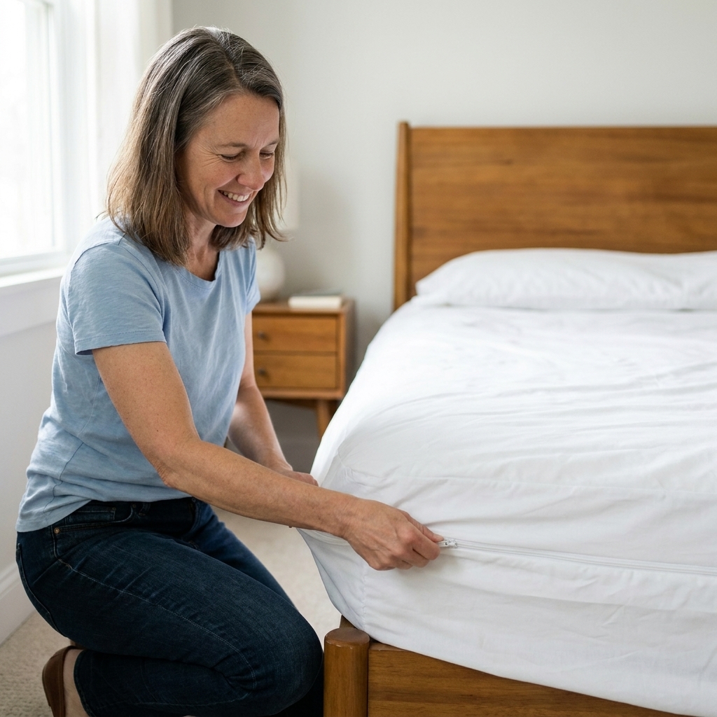 A white zippered allergen-proof mattress encasement being zipped onto a mattress in a tidy bedroom