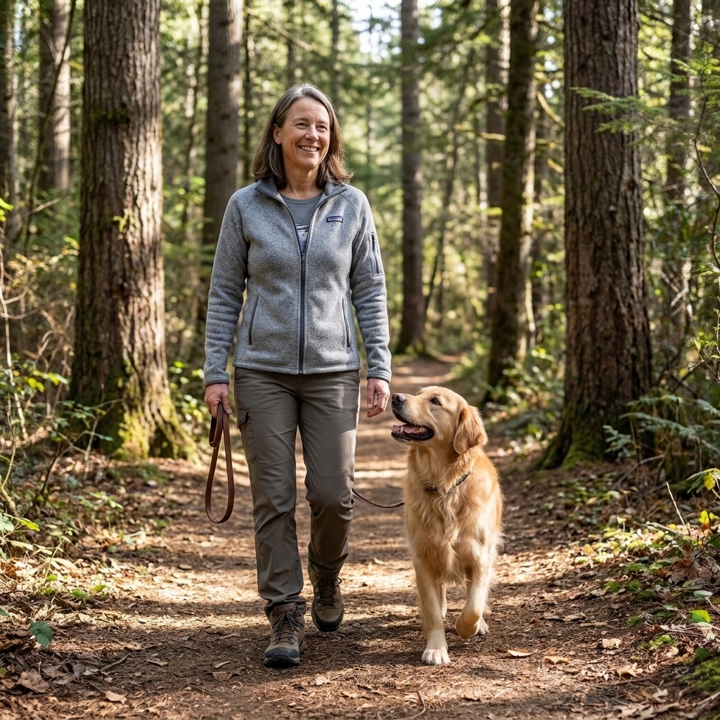 A woman hiking on a wooded trail with a golden retriever walking beside her on a leash