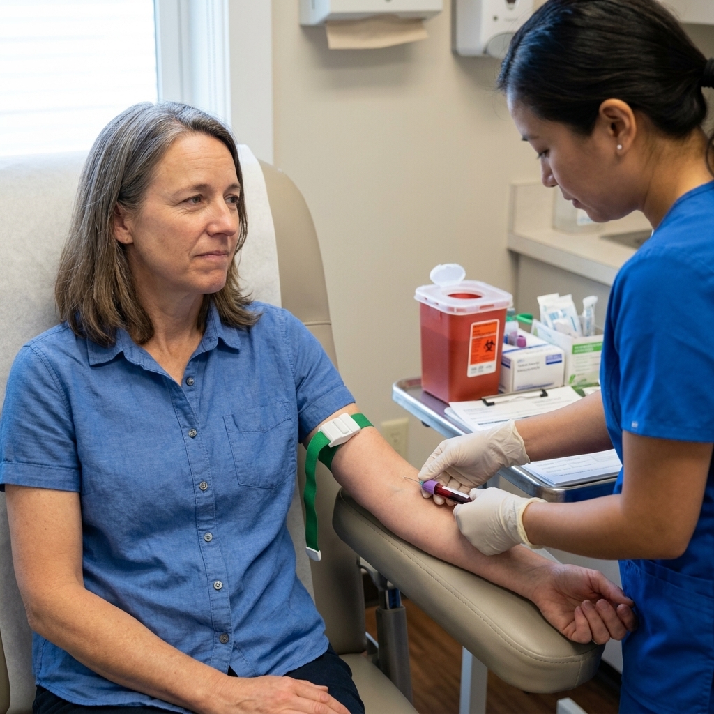 A woman in her thirties having blood drawn by a phlebotomist in a medical clinic for routine screening labs