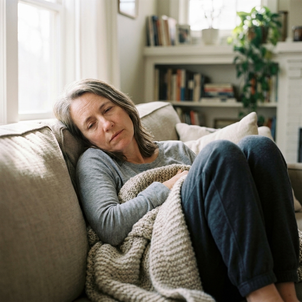 A woman resting on a living room couch with a blanket, looking fatigued and cold, soft window light