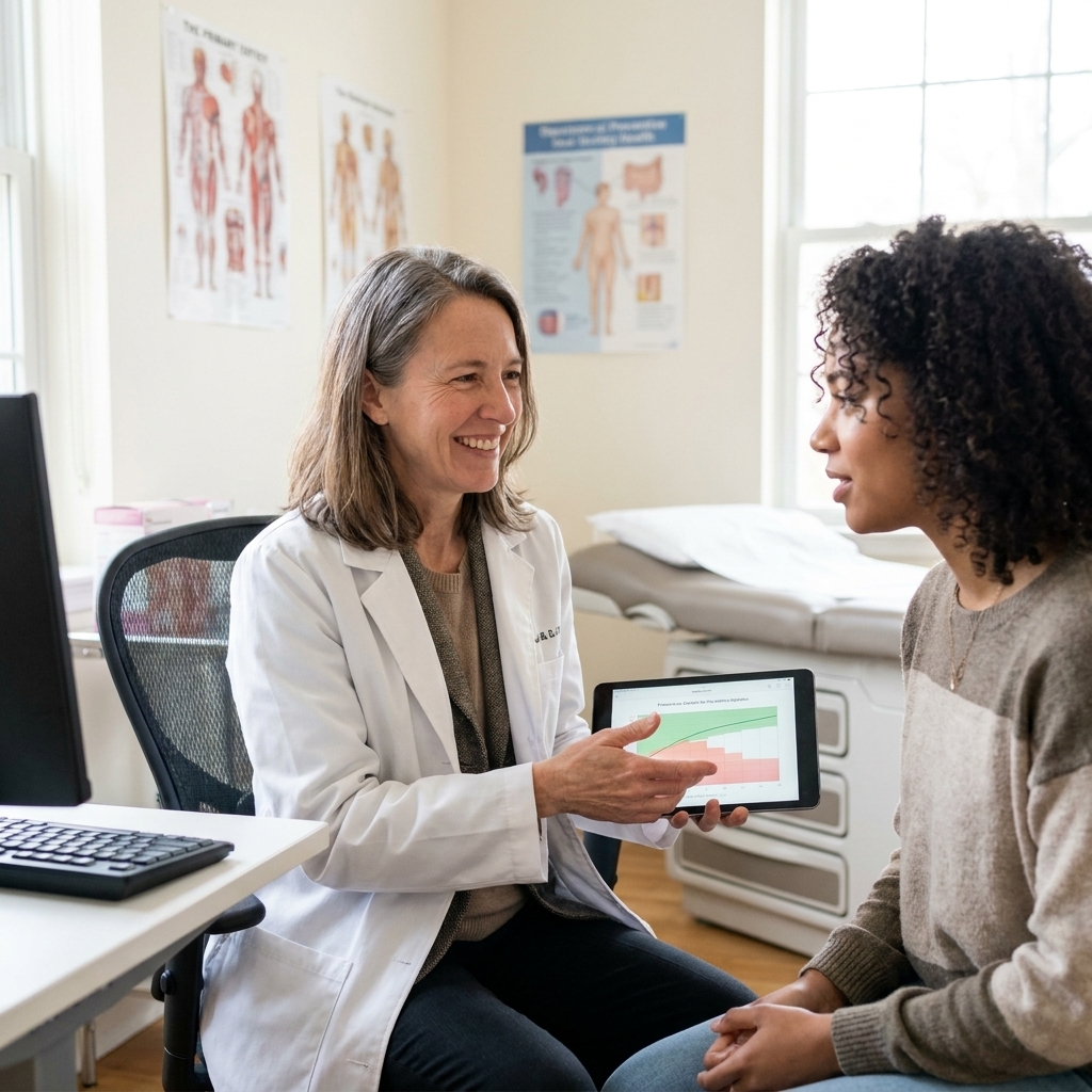 A young adult sitting with a clinician in a primary care office discussing preventive health during an annual physical