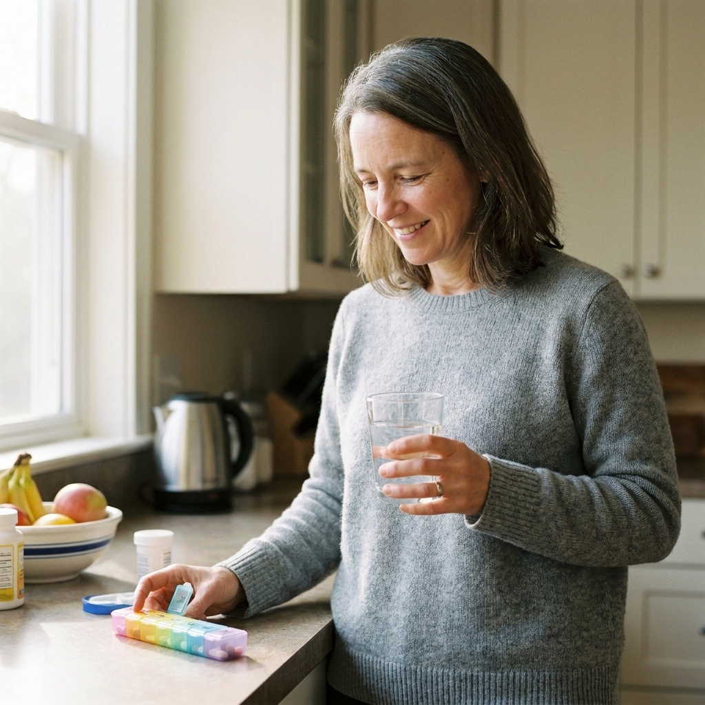 An adult at a kitchen counter holding a glass of water and a pill organizer, preparing to take morning medications