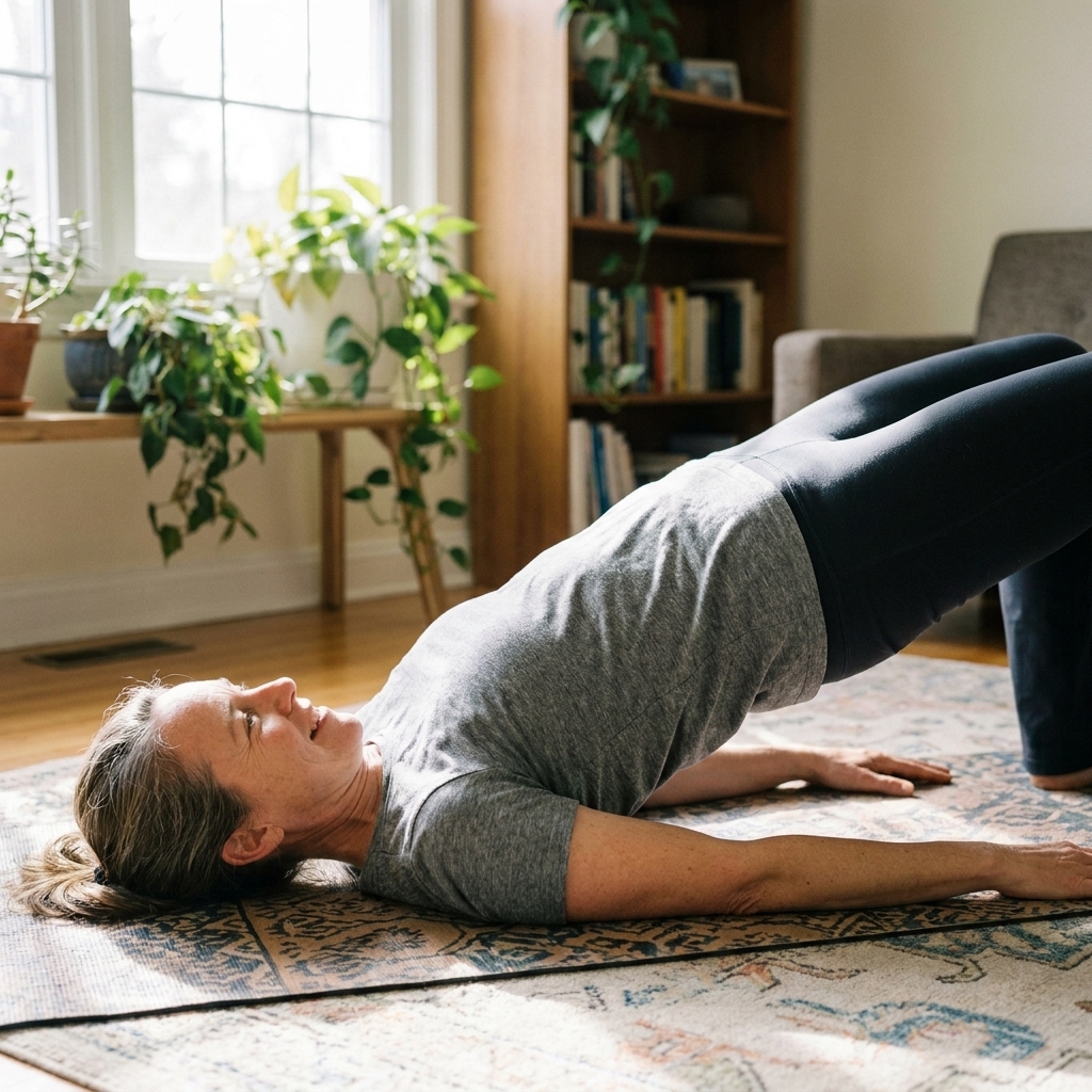 An adult doing a gentle bridge exercise on a yoga mat at home in a living room with natural light