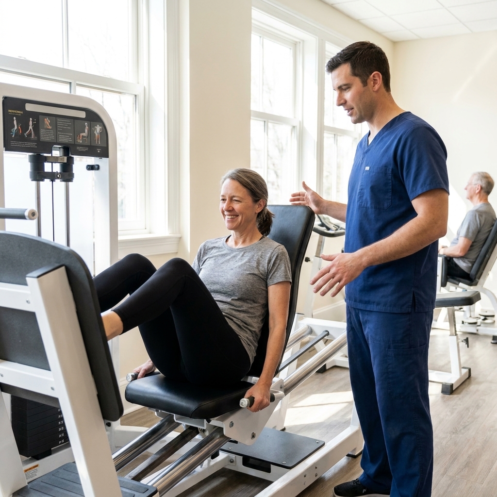 An adult doing a supervised leg strengthening exercise with a physical therapist in a bright clinic gym