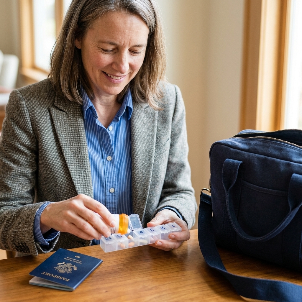 An adult holding a small travel pill case next to a passport and a carry-on bag on a table, preparing medications for a trip