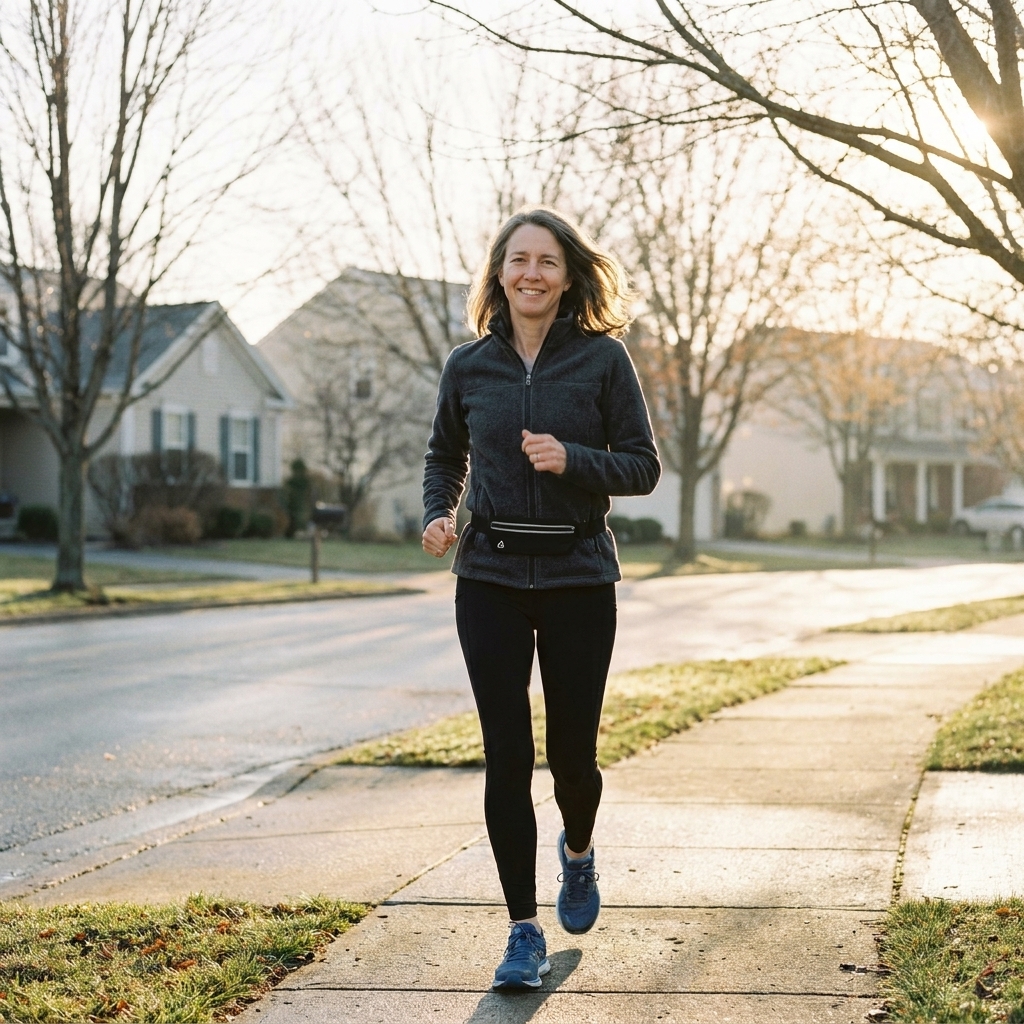 An adult in comfortable athletic clothes walking briskly along a quiet neighborhood sidewalk in the early morning light