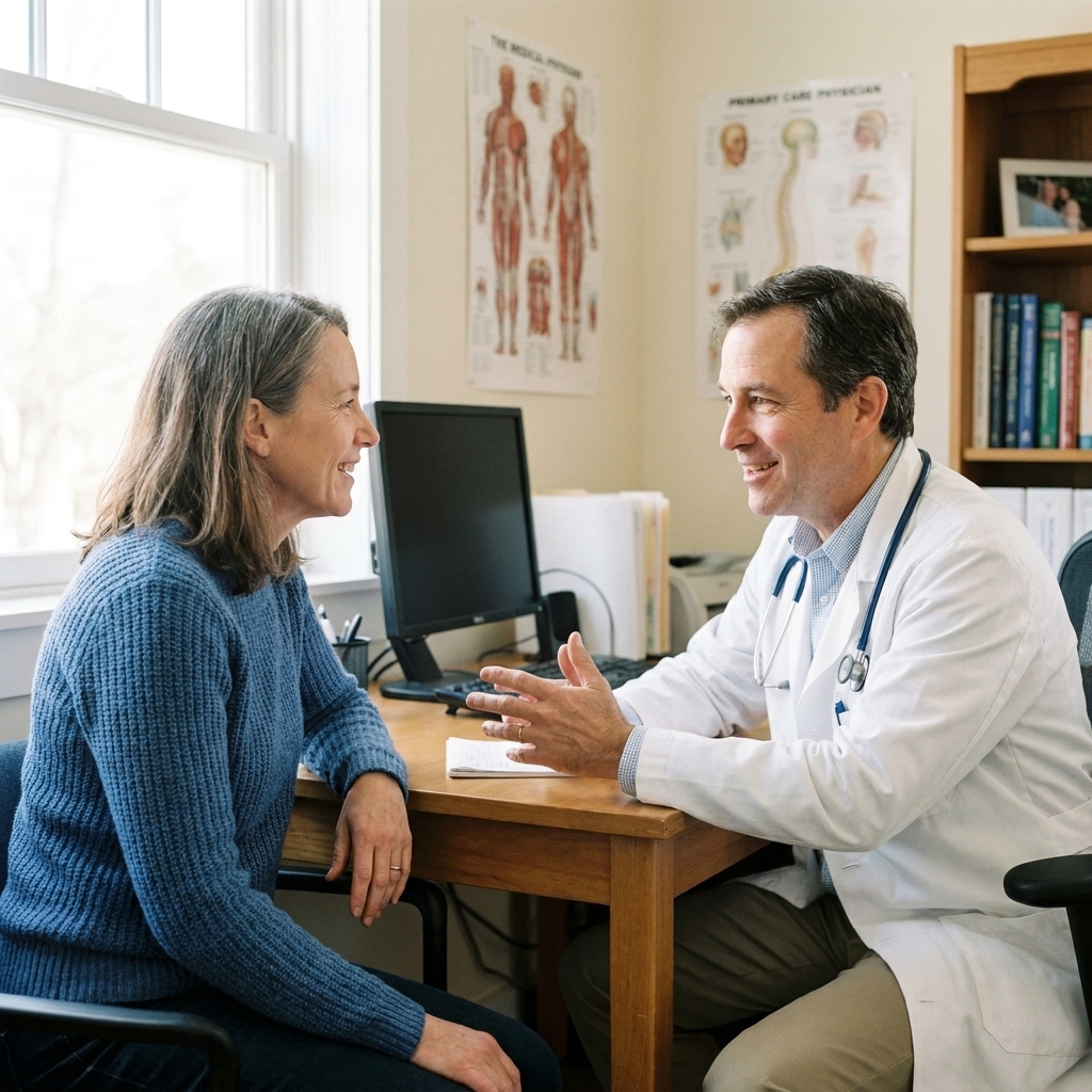 An adult patient speaking with a primary care physician at a desk in a clinic office, both leaning in with attentive body language