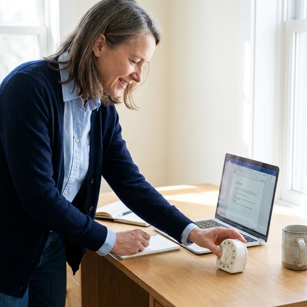 An adult setting a small kitchen timer next to a laptop on a tidy desk, preparing for a focused work session