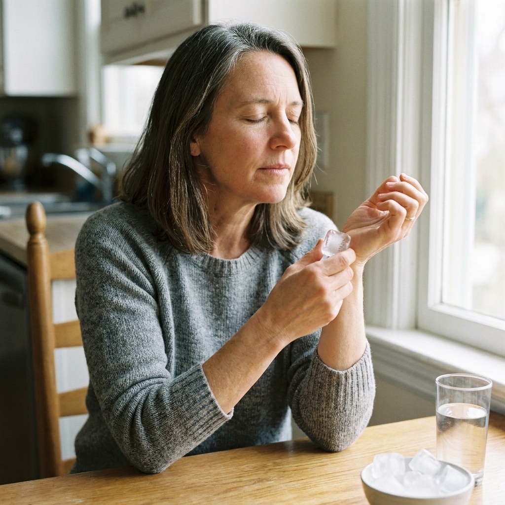 An adult sitting at a kitchen table holding an ice cube while focusing on breathing to ground during anxiety