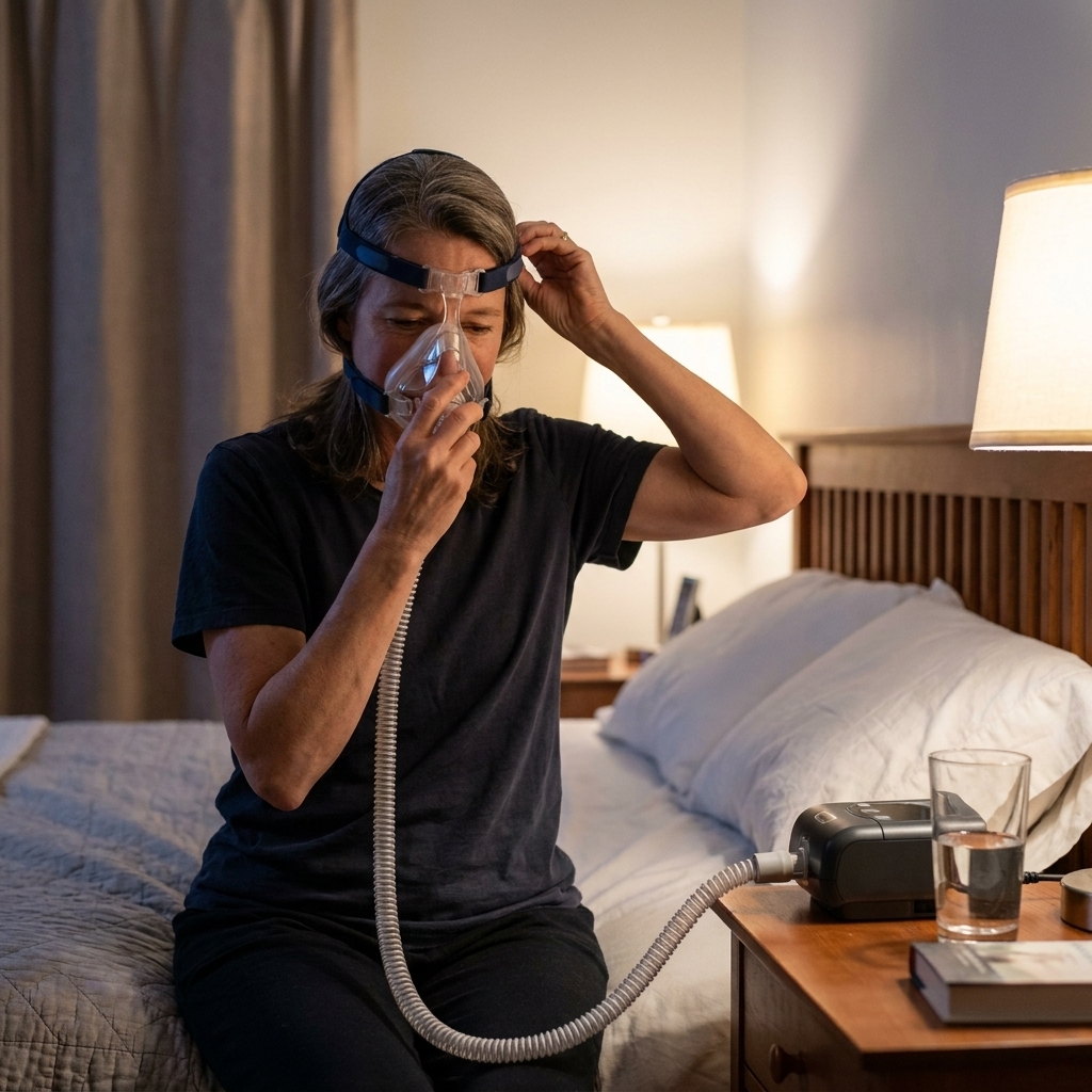 An adult sitting on the edge of a bed putting on a CPAP mask before sleep, with the CPAP machine on a bedside table